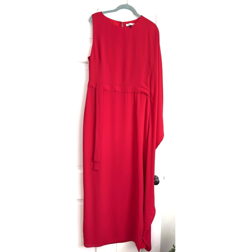 Halston Red One Shoulder Cape Maxi Dress Womens 10 Sleeveless Evening Gown Slit‎